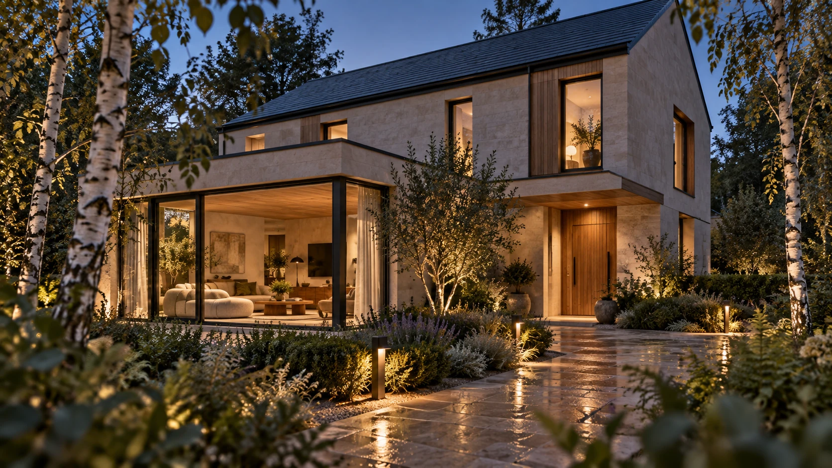 A welcoming contemporary home among birch trees, with a softly lit path at dusk.