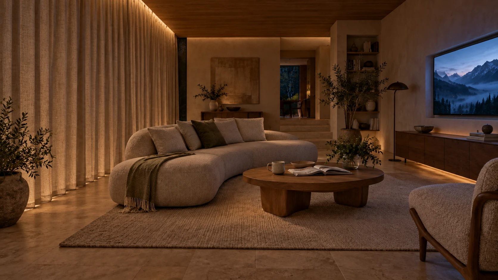 The living room set for a film, with drawn curtains and soft accent lighting.