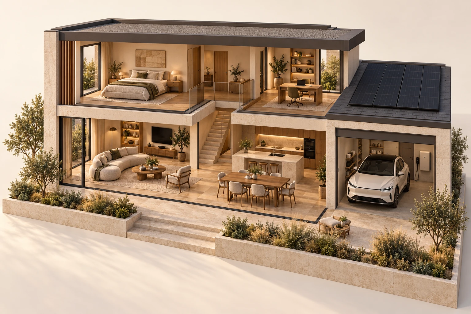 Solar panels, battery storage and an electric car connected to the same home.